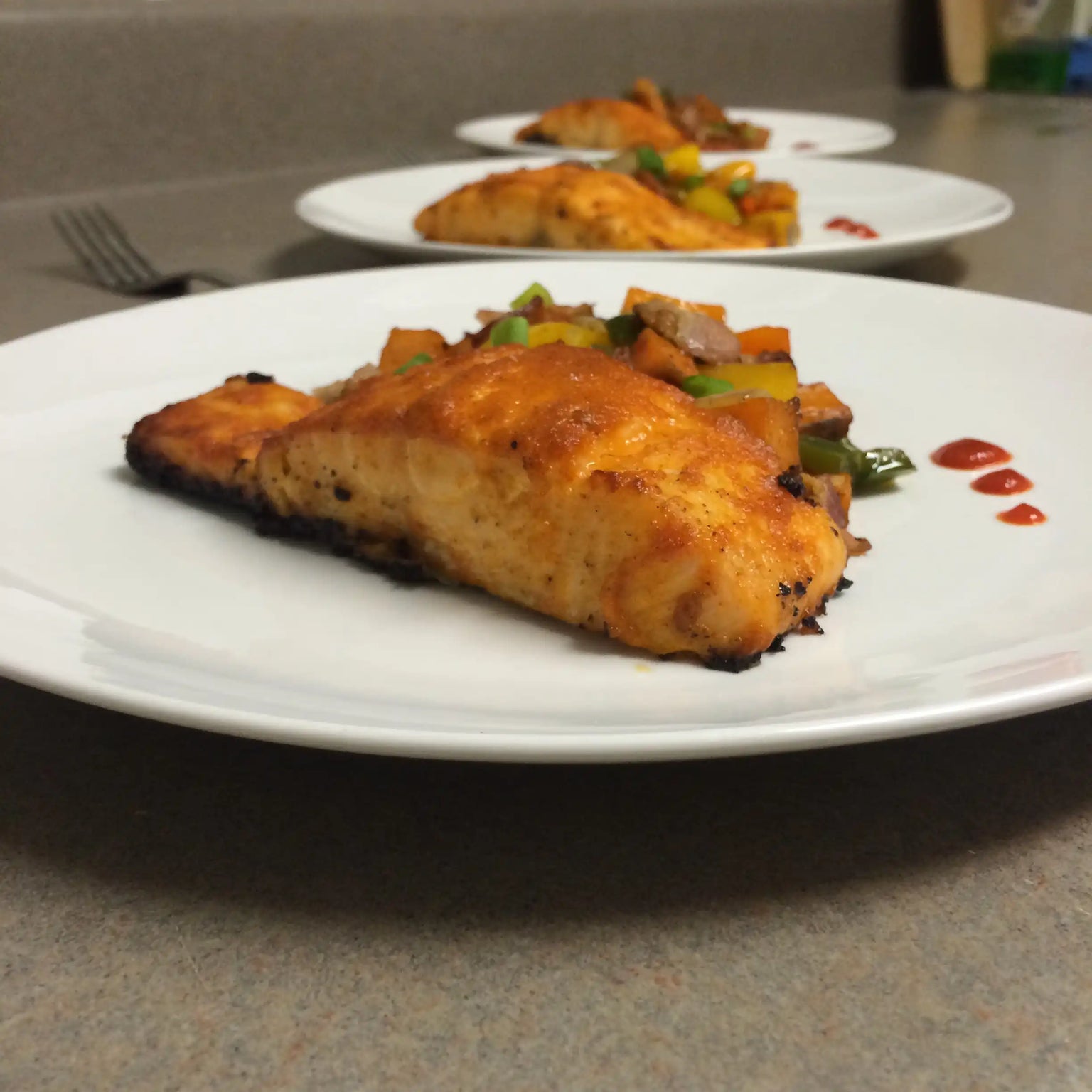 Spicy Salmon With A Sweet Potato And Bacon Hash - Adun