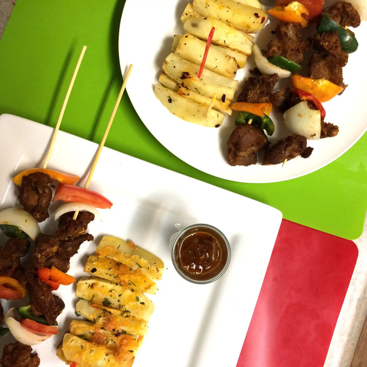 Cheesy Baked Potatoes And Gizzard Kebabs