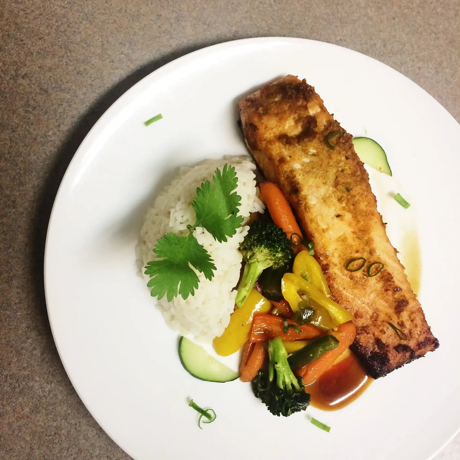 Baked Spicy And Ginger Salmon With Vegetables In Stir Fry Sauce